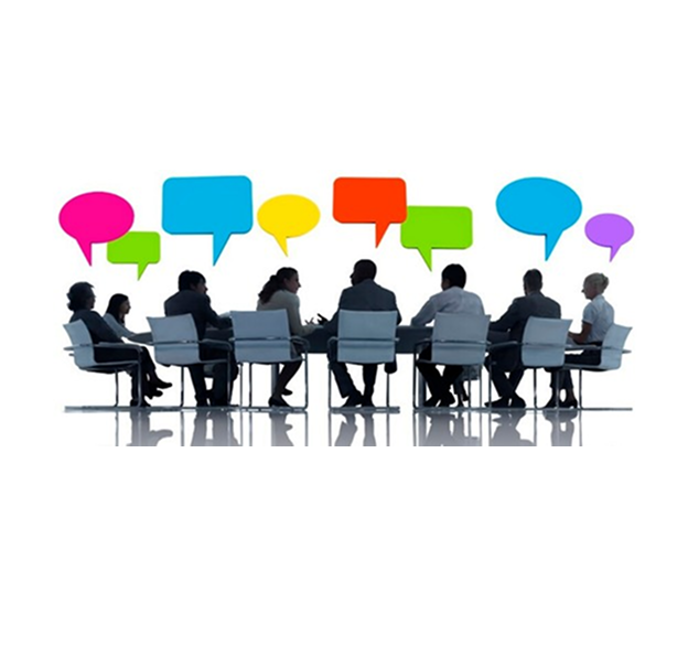 A designed graphic showing people seated