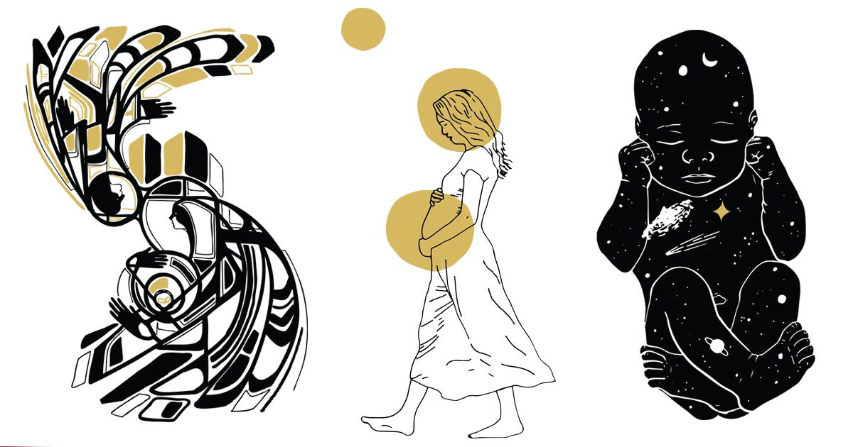 The images representing Advent: angel, pregnant Mary and baby