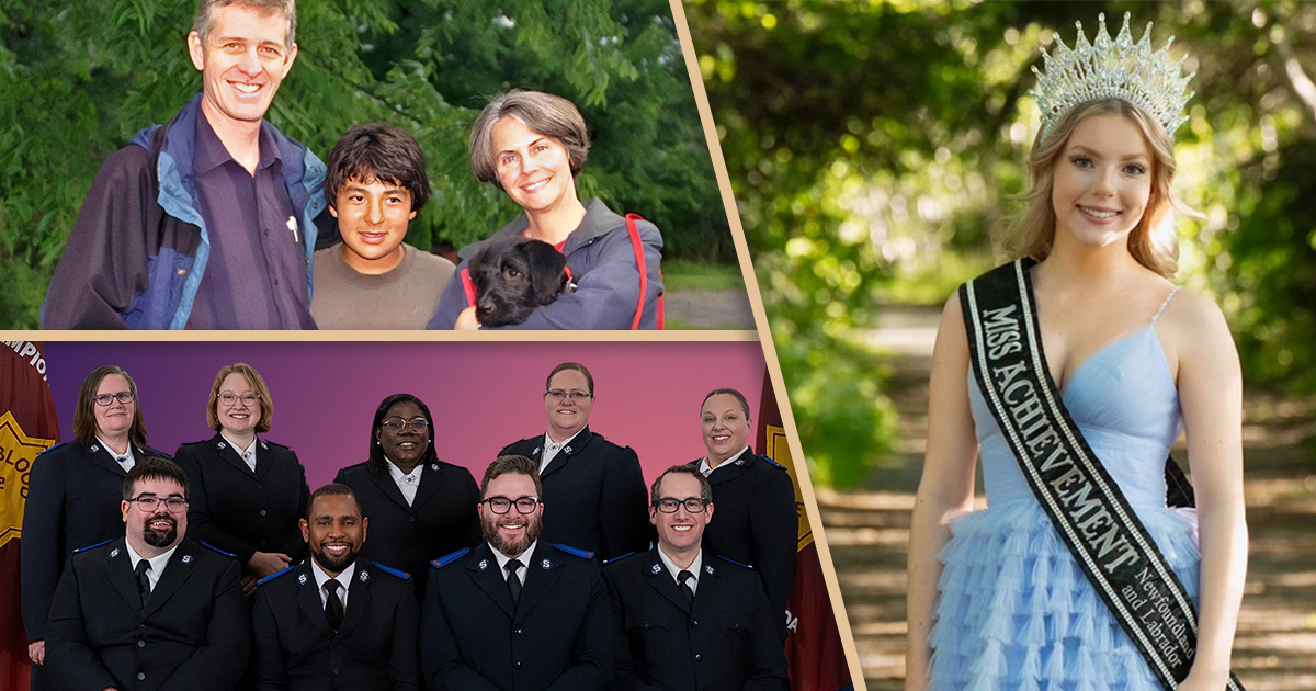 Collage of a boy with two parents; young woman wearing a blue dress; and a group of people in Salvation Army uniforms